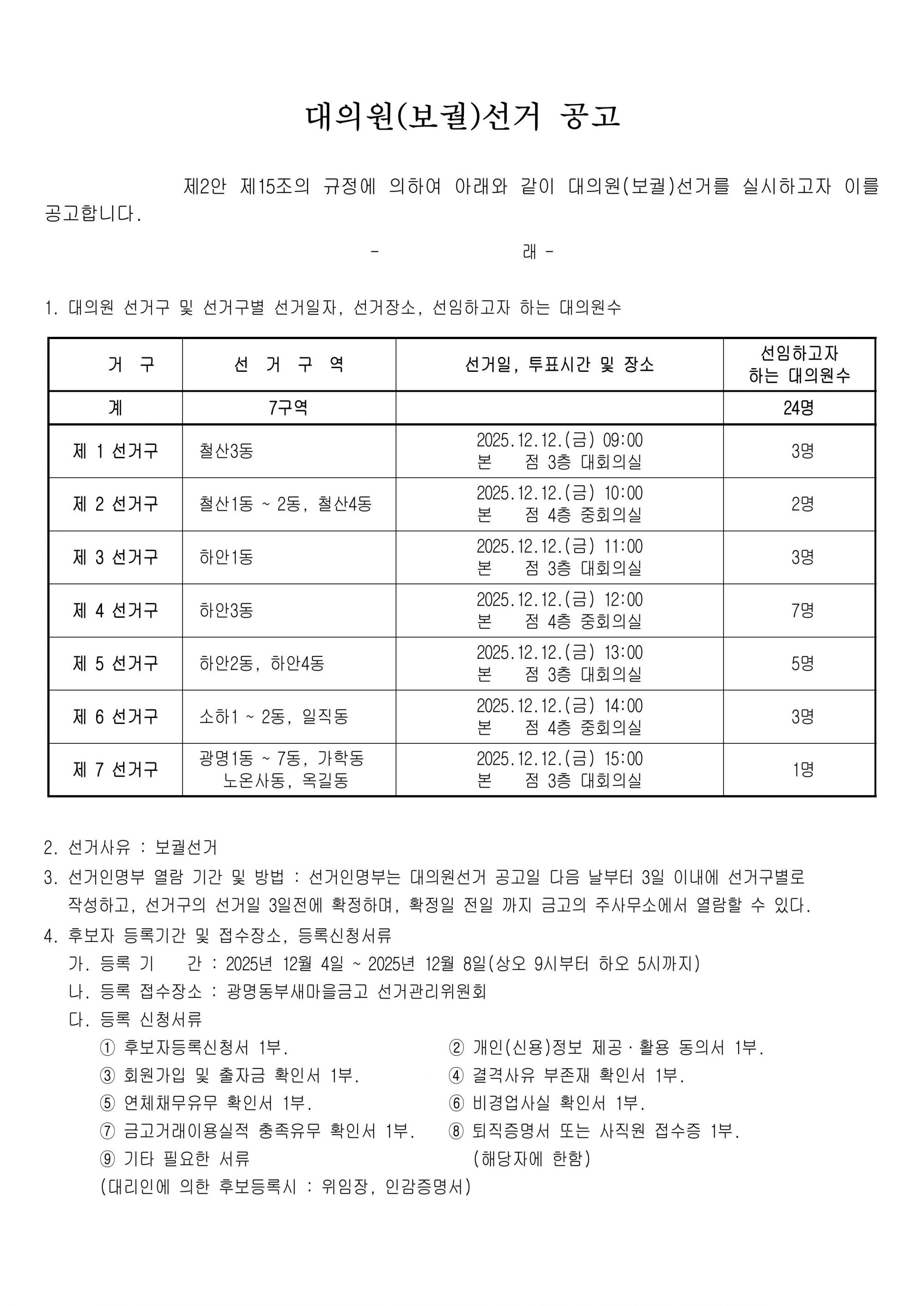 제9대 대의원(보궐)선거공고문